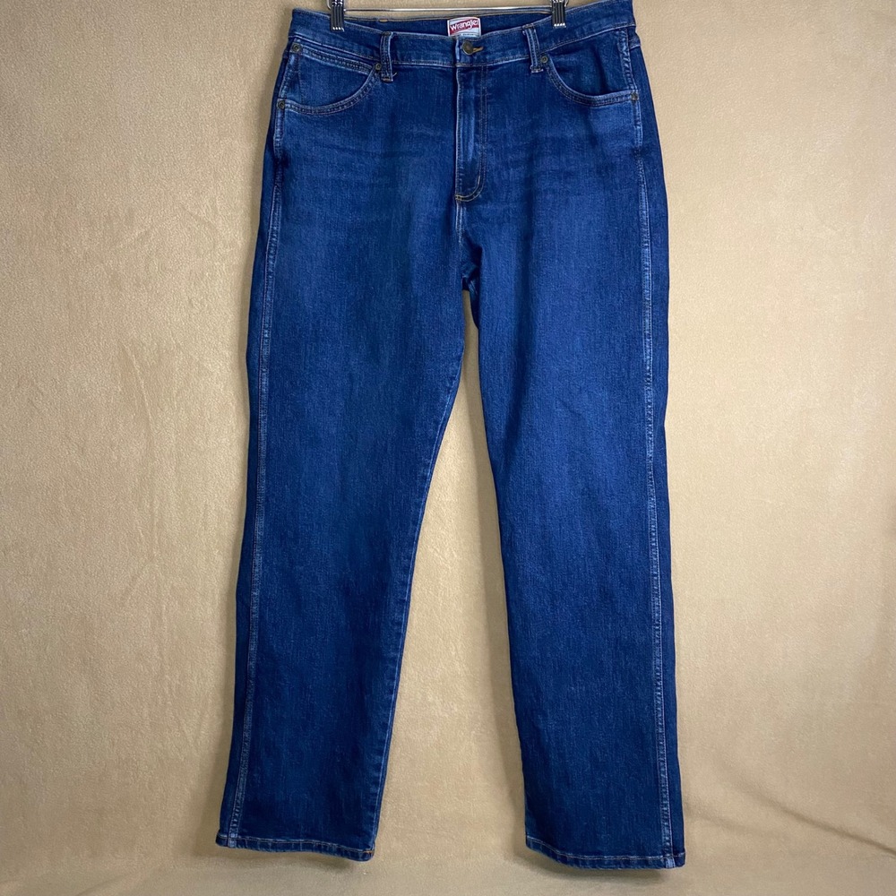 Wrangler Mens Straight Fit Dark Wash Denim Jeans Comfort Casual Work Size 34x32